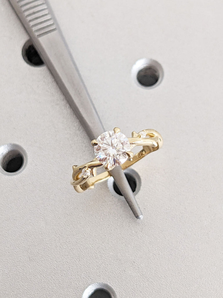 Nature Inspired Engagement Ring | Round Moissanite Simple Promise Ring for Her | Twig Branch Ring | 14K 18K Yellow Gold Ring | 6 Prong Ring