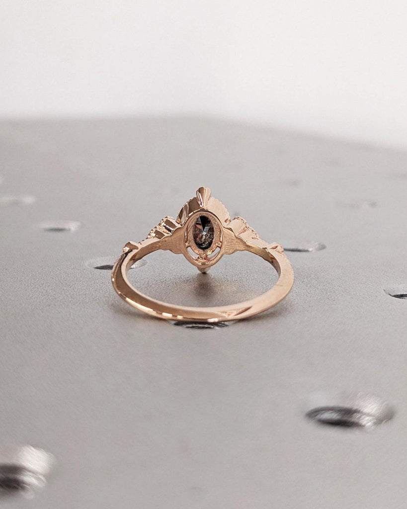 Natural Salt and Pepper Grey Diamond Real Rose Gold Ring For Women | Diamond Cluster Engagement Ring | Solitaire Ring Oval Cut Gemstone Ring