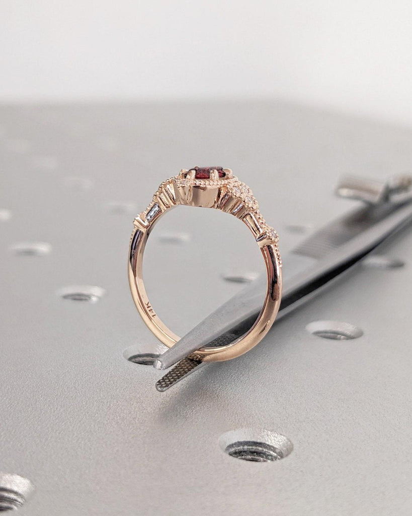 Vintage Oval Lab Grown Ruby Engagement Ring | Art Deco Milgrain Real Rose Gold Wedding Ring Unique Moissanite Cluster Bridal Ring For Women