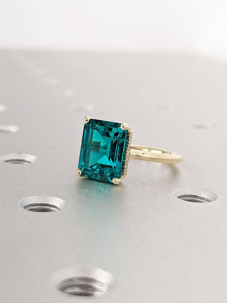 Bluish Green Colombian Lab Emerald Engagement Ring | Solitaire Ring | Diamond Hidden Halo Ring | Delicate Thin Gold Wedding Ring for Her