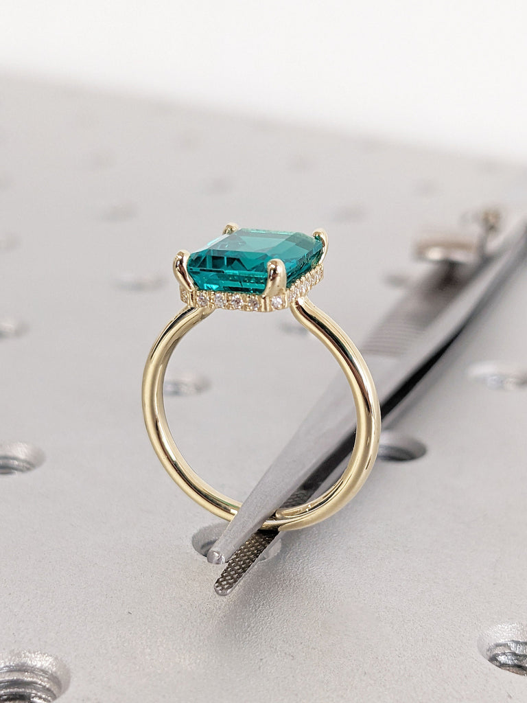 Bluish Green Colombian Lab Emerald Engagement Ring | Solitaire Ring | Diamond Hidden Halo Ring | Delicate Thin Gold Wedding Ring for Her