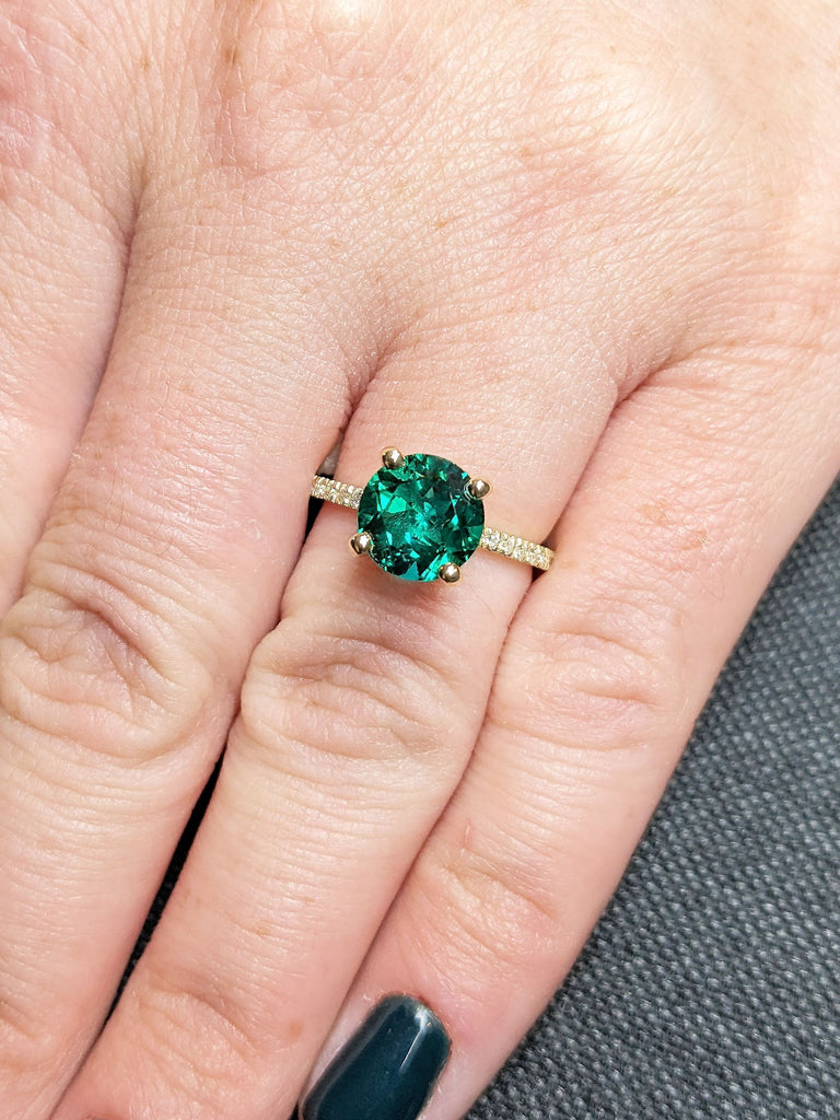 Vintage Lab Emerald Engagement Ring | Round Emerald Proposal Ring | 14K Yellow Gold Diamond Eternity Wedding Band | Promise Anniversary Ring