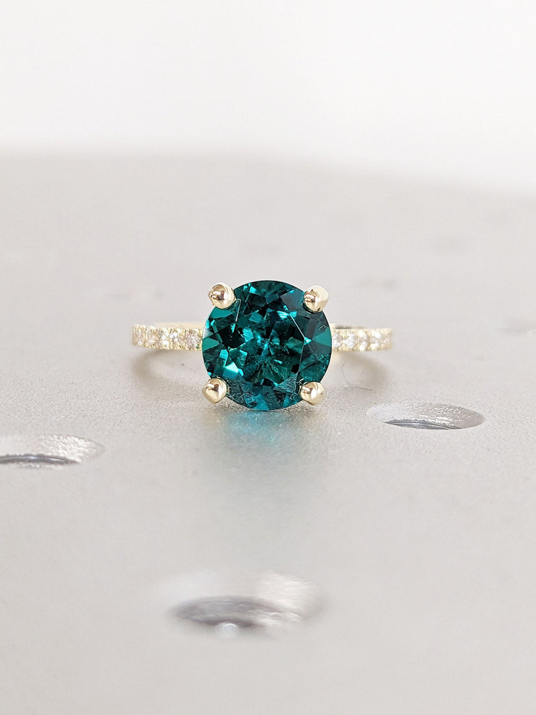 Vintage Lab Emerald Engagement Ring | Round Emerald Proposal Ring | 14K Yellow Gold Diamond Eternity Wedding Band | Promise Anniversary Ring