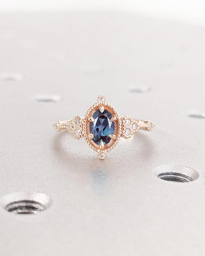 Unique Blue Purple Alexandrite Solitaire Ring | Vintage Lab Alexandrite Engagement Ring, Art Deco Diamond Cluster Promise Ring Oval cut Ring