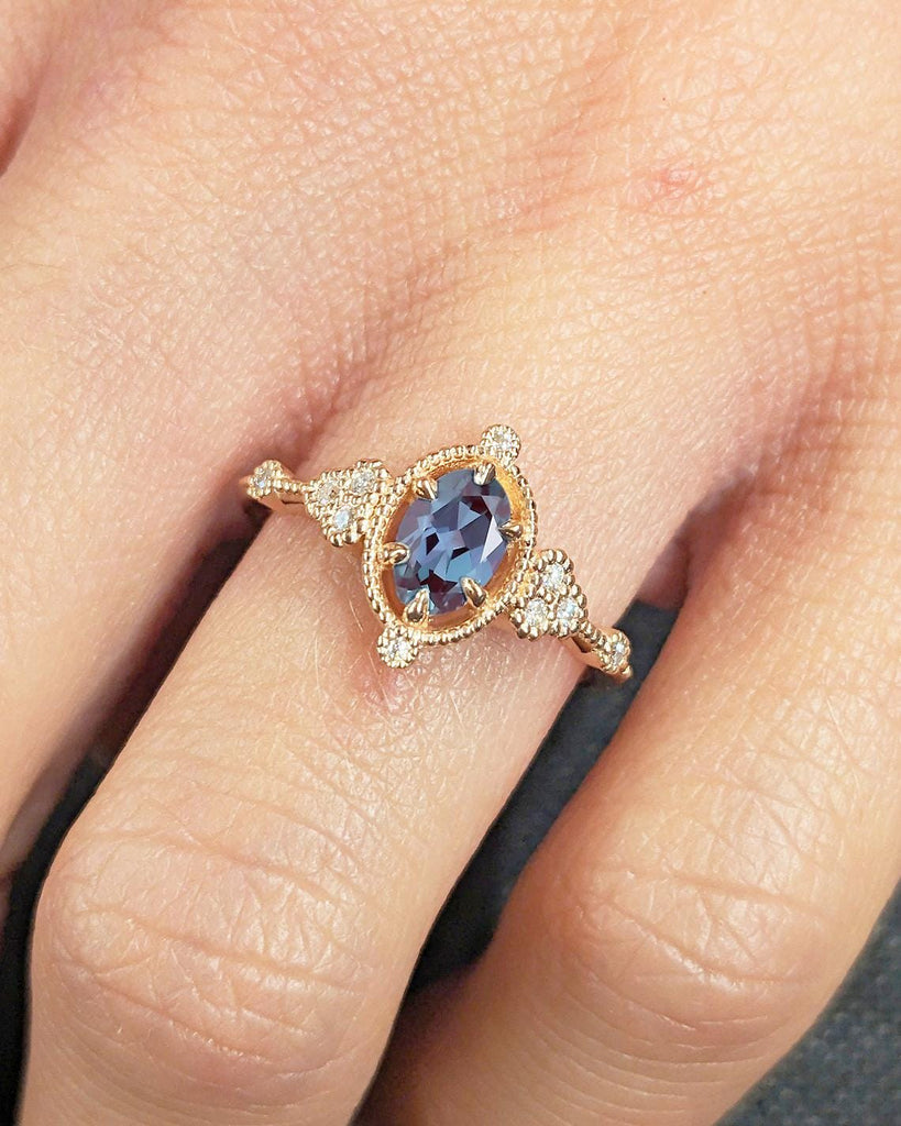 Art Deco Alexandrite and Diamond Cluster Engagement Ring for Her | Antique Milgrain Wedding Band | 14K Rose Gold Ring | Oval Lab Alexandrite