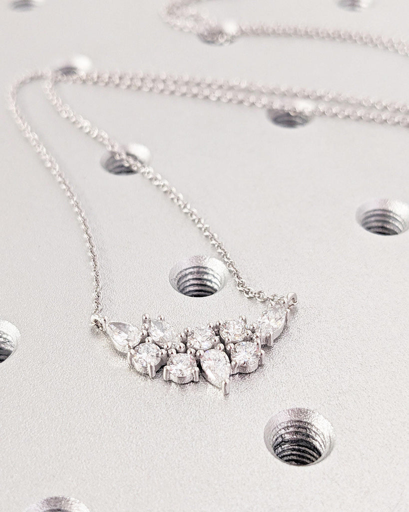 Lab Grown Diamond Cluster Necklace | Marquise, Pear and Round Diamonds | Dainty White Gold Diamond Necklace, Delicate And Sparkles Beautiful