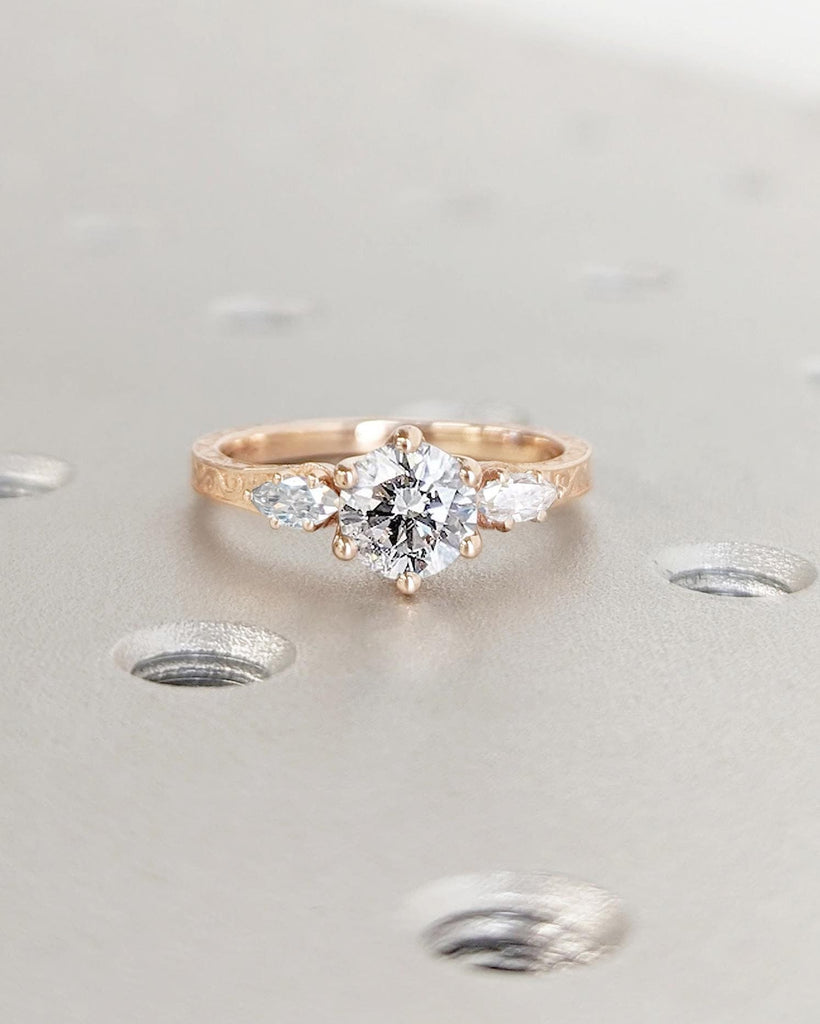 Marquise, Round Moissanite Engagement Ring | 14k Gold 1ct Solitaire Ring | Womens 3 Stone Diamond Ring | Vintage Design Proposal Bridal Ring