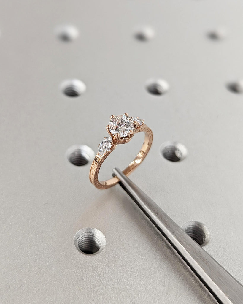 14k Rose Gold 1ct Lab Created Diamond Solitaire Ring | Marquise, Round Diamond Engagement Ring | Vintage Design Proposal Woman Bridal Ring