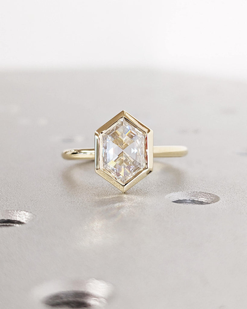 Bezel set Moissanite Solitaire Proposal Ring | 18K Yellow Gold Vintage Statement Ring | Personalized Thin Wedding Band | Minimalist Jewelry