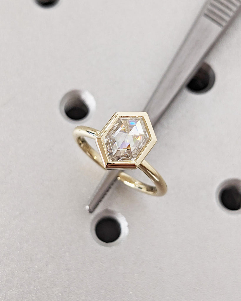 Bezel set Moissanite Solitaire Proposal Ring | 18K Yellow Gold Vintage Statement Ring | Personalized Thin Wedding Band | Minimalist Jewelry