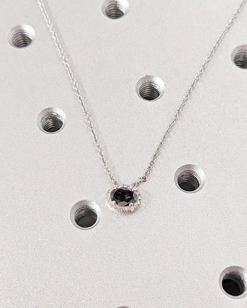 Salt and Pepper Grey Diamond Necklace | Dainty White Gold Necklace | Diamond Halo Necklace | Gift for Her | Oval Cut East West Necklace