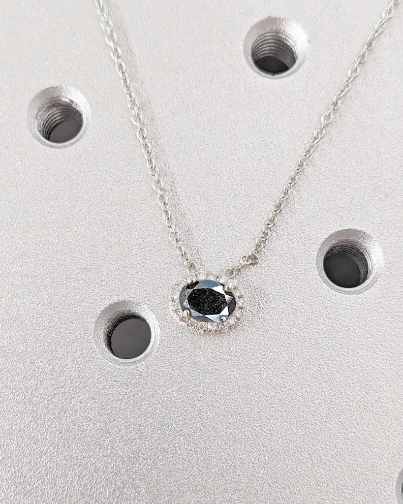 East West Oval Salt and Pepper Black Diamond Necklace | 14K Solid Gold Diamond Halo Pendant | Dainty Anniversary Gift for Her | Minimalist Women Jewelry