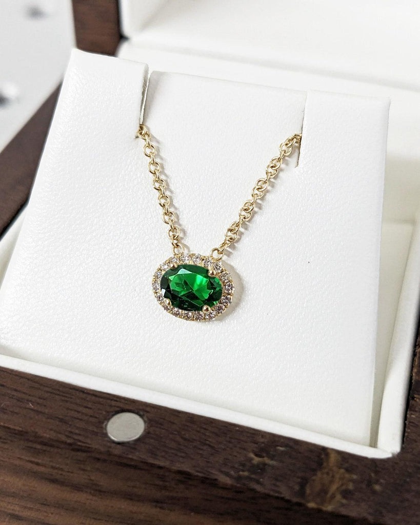 14k Emerald Stone Necklace | May Birthstone Pendant Necklace | Gold Emerald Necklace | Oval Cut Necklace | Diamond Moissanite Halo Pendant