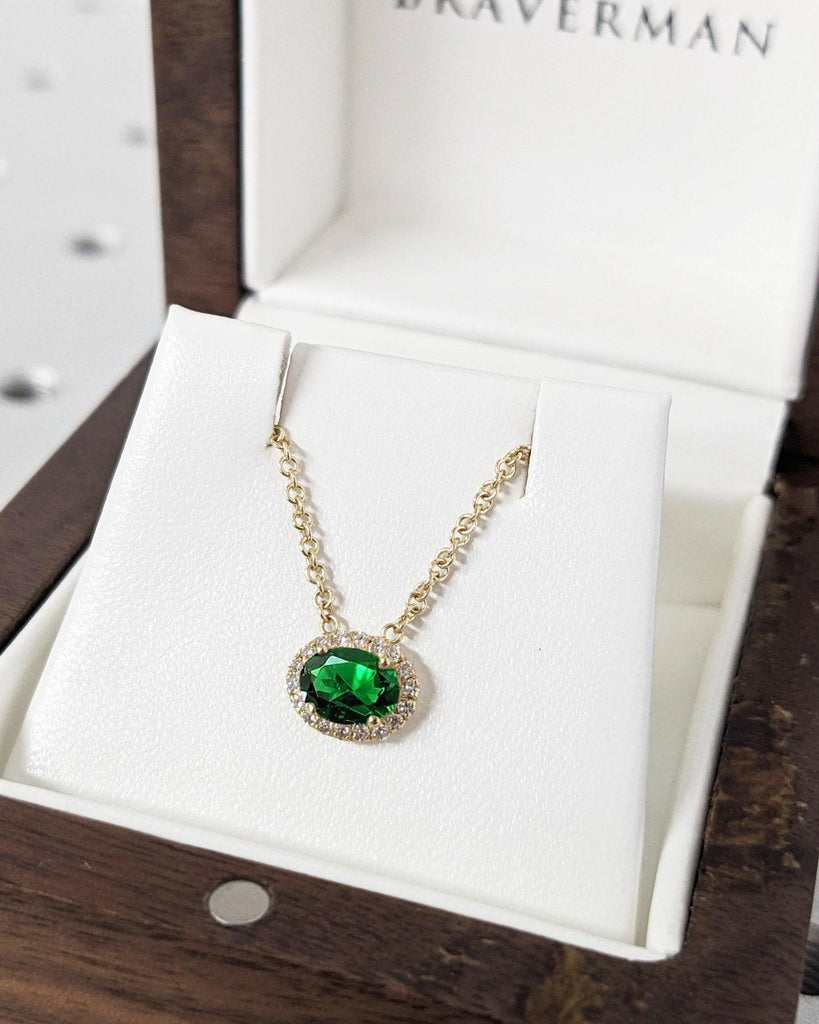 14k Emerald Stone Necklace | May Birthstone Pendant Necklace | Gold Emerald Necklace | Oval Cut Necklace | Diamond Moissanite Halo Pendant