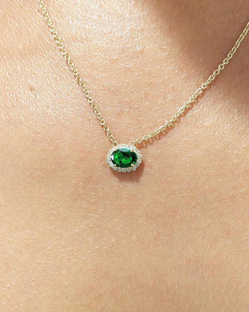 14k Emerald Stone Necklace | May Birthstone Pendant Necklace | Gold Emerald Necklace | Oval Cut Necklace | Diamond Moissanite Halo Pendant