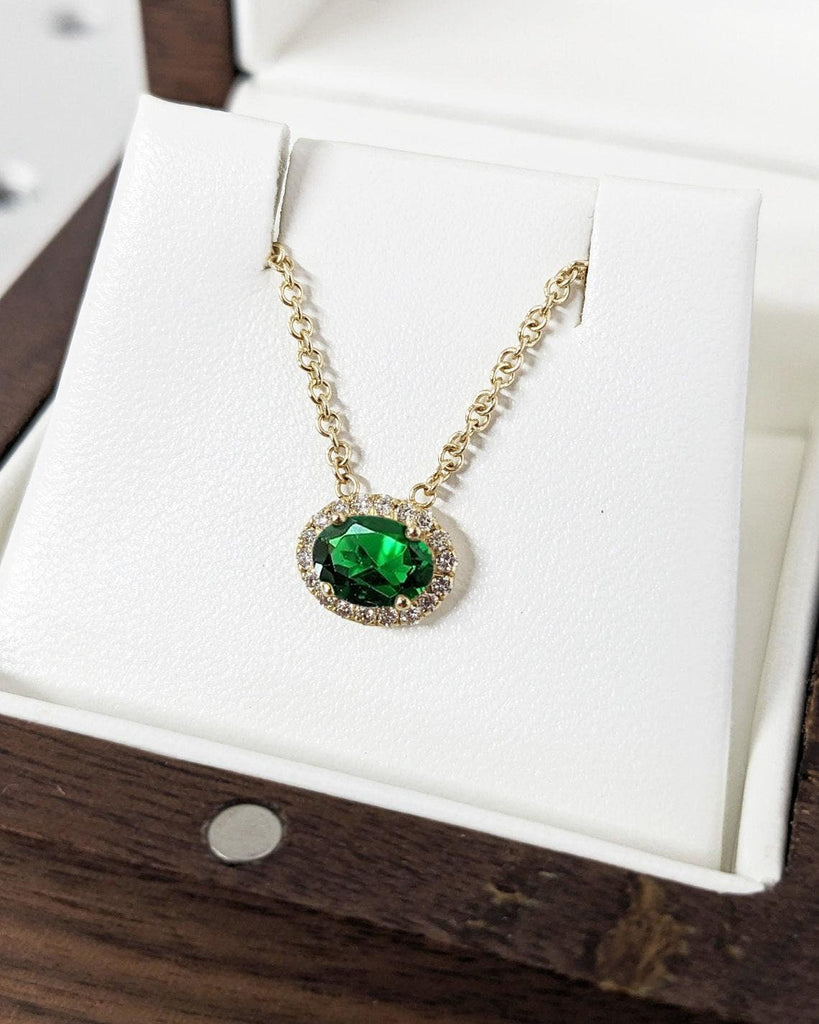 Green Lab Grown Emerald Solitaire Woman Necklace | Dainty 14k 18k Yellow Gold Necklace | Diamond Moissanite Halo Necklace | Gift for Her | Oval Cut East West Necklace