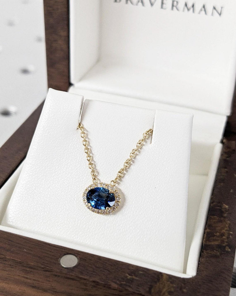 Blue Lab Sapphire Pendant with Halo Diamonds | Classic Sapphire Necklace for Her | Rope Chain Necklace | East West Oval Solitaire Pendant