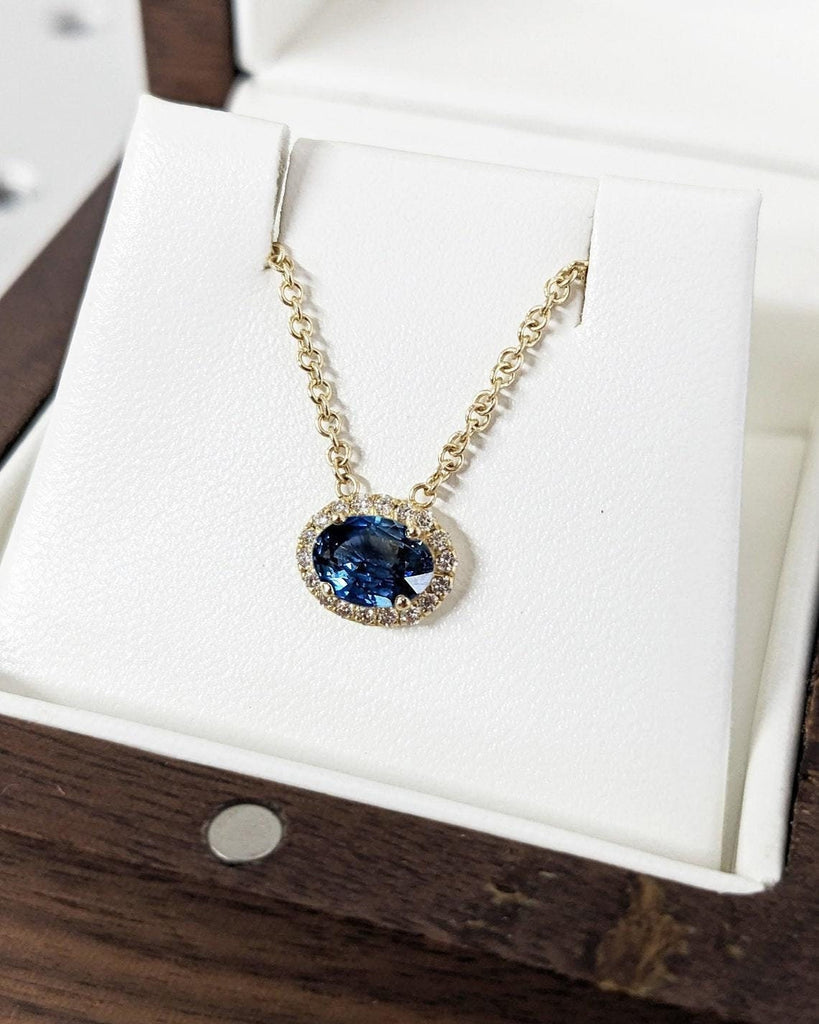 14K Gold Sapphire Necklace | Sapphire Oval Pendant | Solid Yellow White Rose Minimal Gold Dainty September Birthstone Necklace for Women