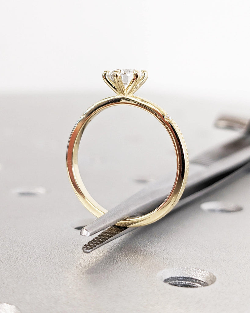 Round Cut Lab Grown Diamond Anniversary Ring | 14K Yellow Gold Beaded Band | Diamond Engagement Ring | Solitaire Ring | Unique Gift for Wife