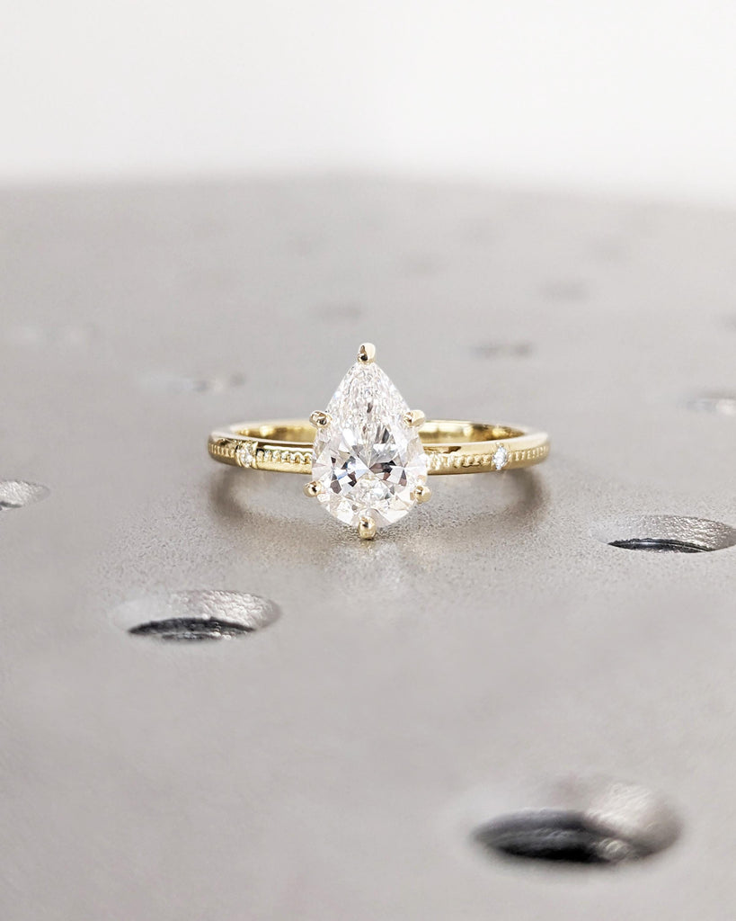 Pear Cut Lab Grown Diamond Engagement Ring, Beaded Band Dainty Engagement Ring, Solitaire Ring, 14K Yellow Gold Ring, Promise Ring For Women