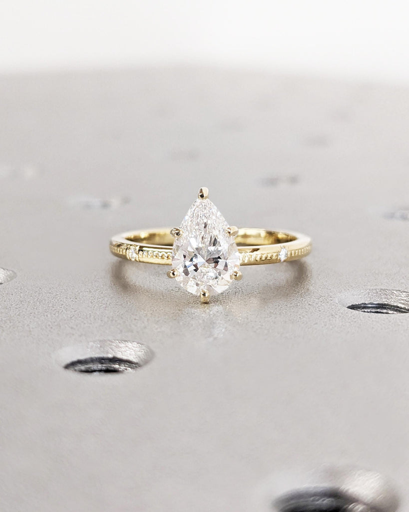 Lab Grown Diamond Ring, Pear Cut 14k Yellow Gold Engagement Ring, Dainty Promise Ring for Her, Beaded Wedding Ring, Unique Anniversary Gift