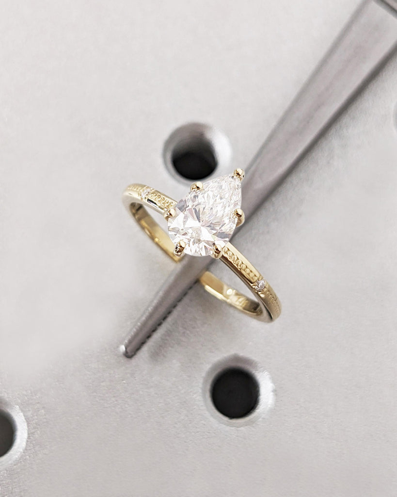 Lab Grown Diamond Ring, Pear Cut 14k Yellow Gold Engagement Ring, Dainty Promise Ring for Her, Beaded Wedding Ring, Unique Anniversary Gift