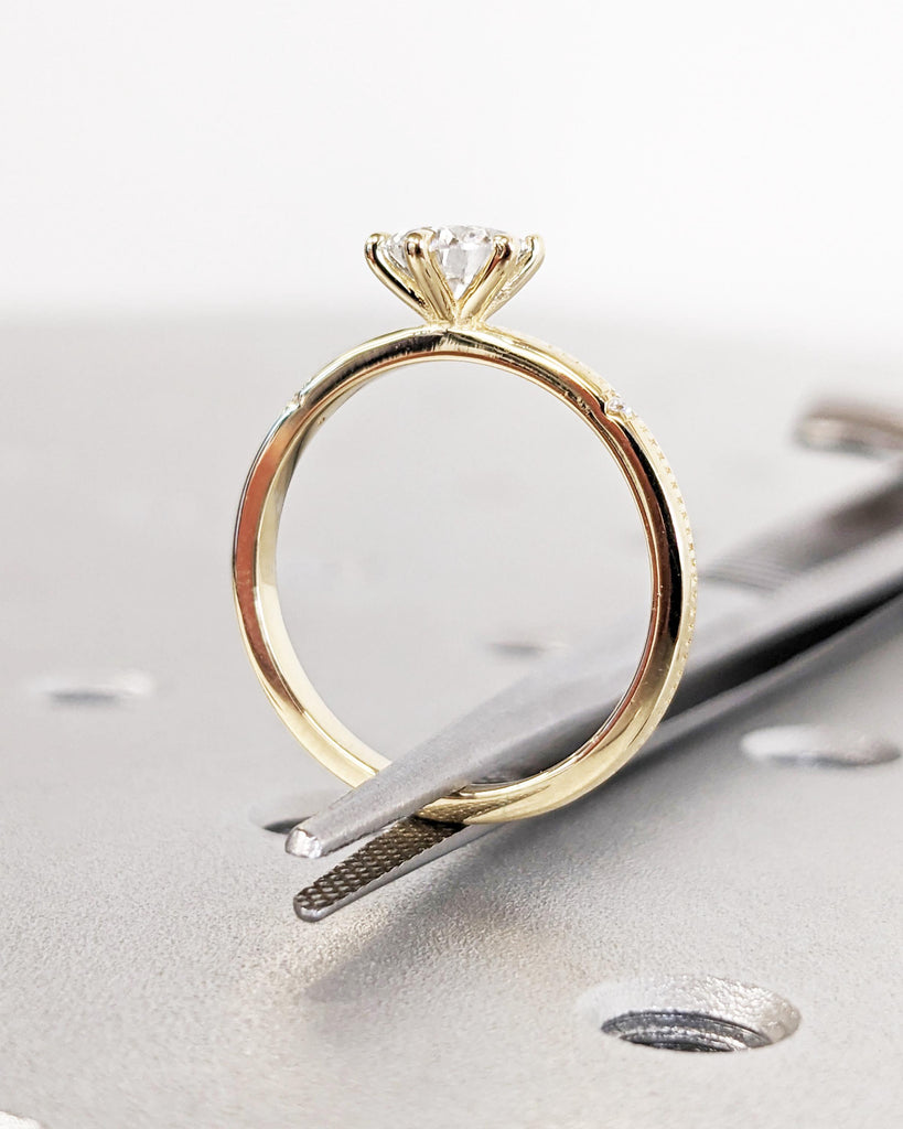 Marquise Cut Lab Grown Diamond Engagement Ring | Beaded Band Dainty Engagement Ring | Solitaire Ring | 14K Yellow Gold Promise Ring For Her