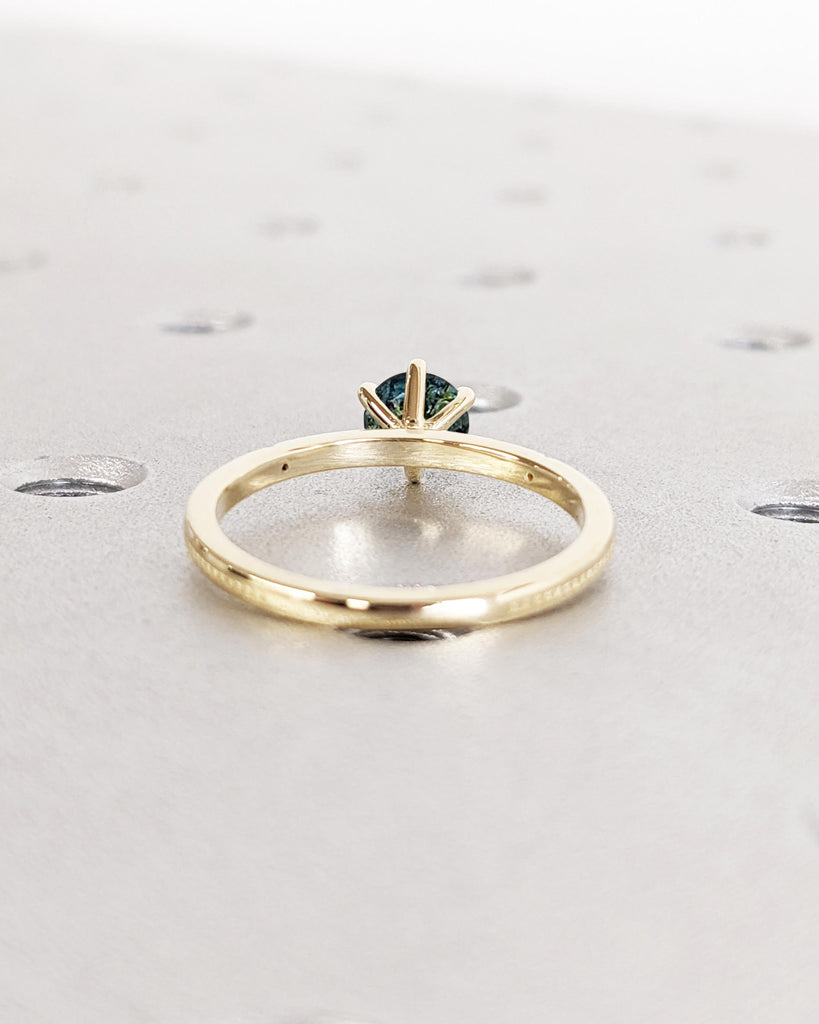 Beaded Dainty Engagement Ring, Round Cut Teal Sapphire Ring, Peacock Blue Green Montana Sapphire Ring, 14K Yellow Gold Ring, Solitaire Ring