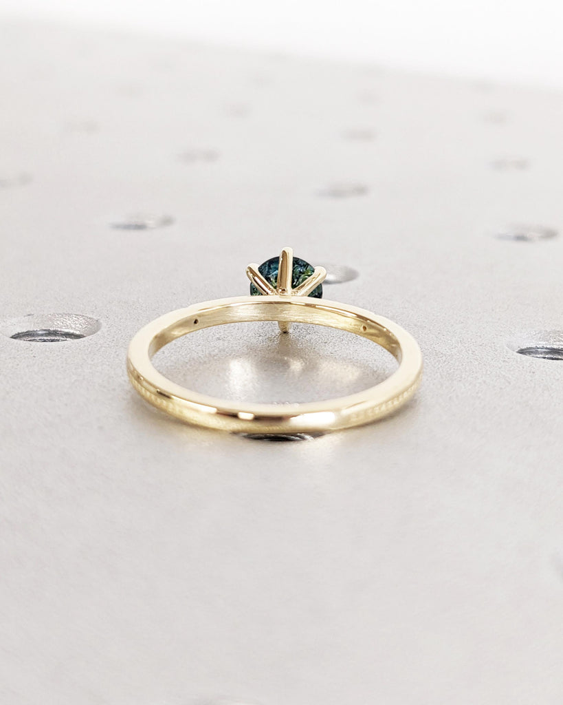 Round Cut Natural Teal Sapphire Ring, Beaded Band Dainty Engagement Ring, Peacock Blue Green Montana Sapphire, 14K Solid Gold Solitaire Ring