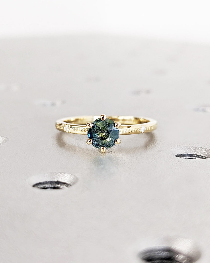 Beaded Dainty Engagement Ring, Round Cut Teal Sapphire Ring, Peacock Blue Green Montana Sapphire Ring, 14K Yellow Gold Ring, Solitaire Ring