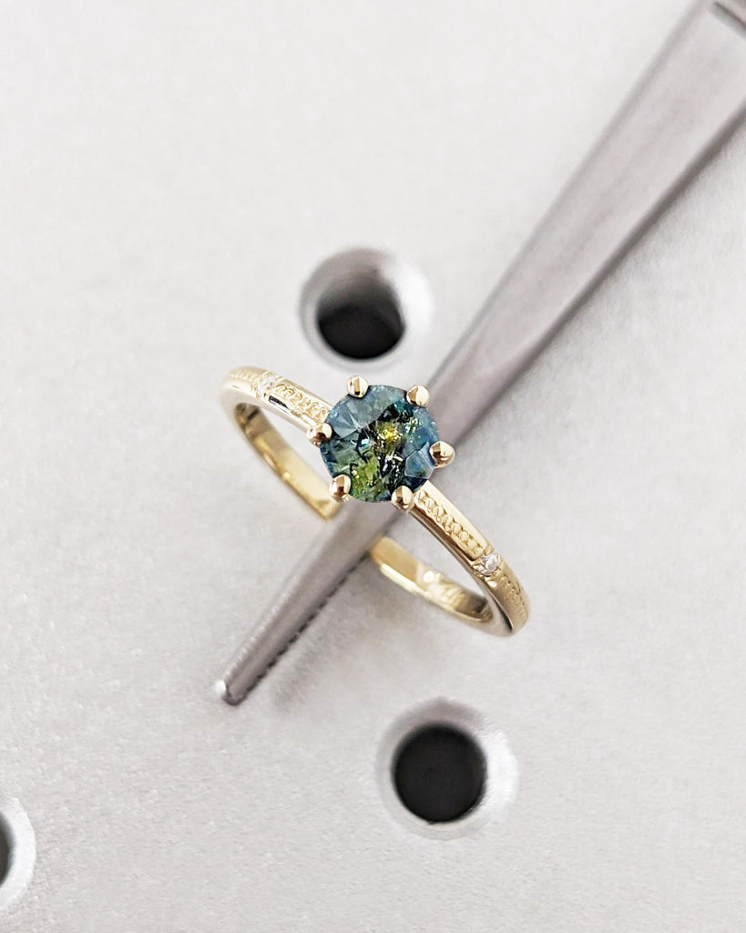 Round Cut Natural Teal Sapphire Ring, Beaded Band Dainty Engagement Ring, Peacock Blue Green Montana Sapphire, 14K Solid Gold Solitaire Ring