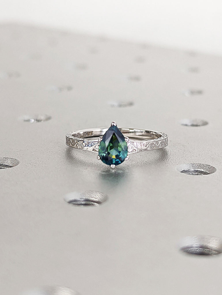 Vintage Teal Sapphire Solitaire Engagement Ring | Pear cut Dainty Promise Ring for Her | Handmade Filigree Woman Wedding Band, Sapphire Ring