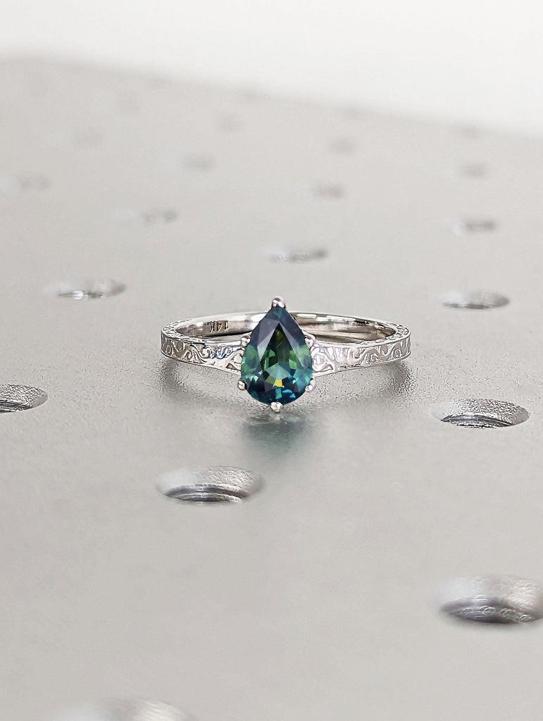 Vintage Teal Sapphire Solitaire Engagement Ring | Pear cut Dainty Promise Ring for Her | Handmade Filigree Woman Wedding Band, Sapphire Ring