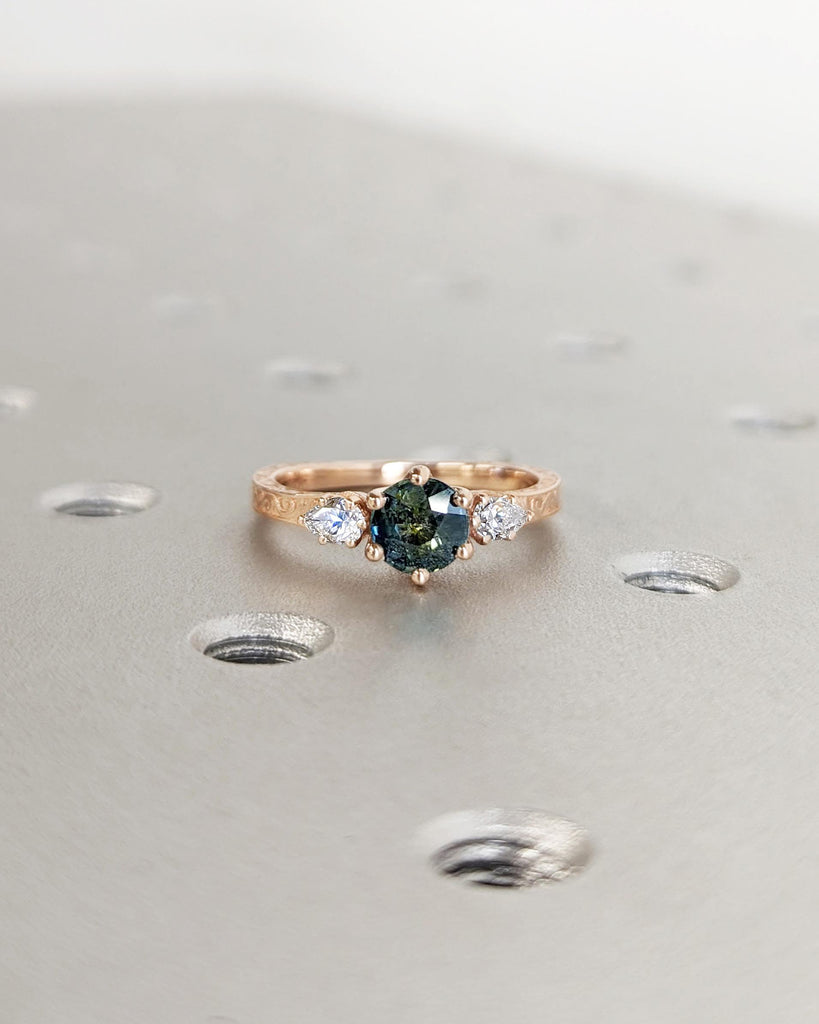 Round cut Natural Teal Sapphire Woman Engagement Ring | 14K 18K Rose Gold Vintage Filigree Wedding Band | 3 Stone Trilogy Sapphire Ring