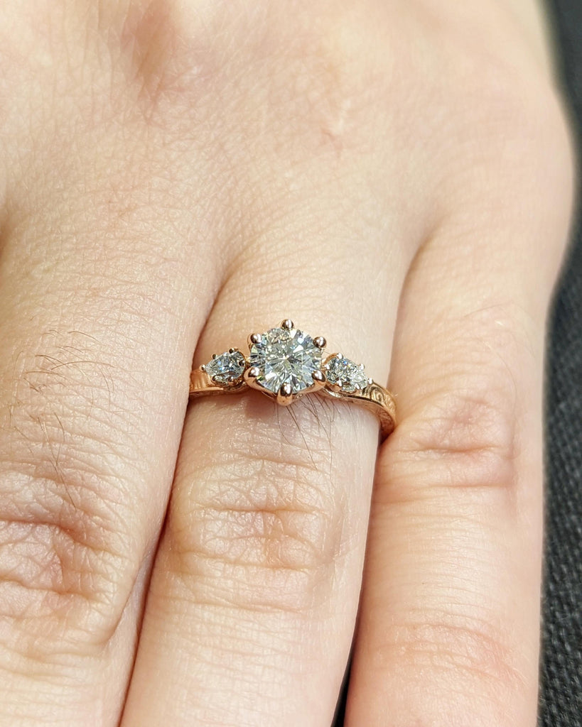 Vintage Round Moissanite Solitaire Unique Proposal Ring | Solid Gold Filigree Woman Wedding Band | Moissanite Cluster Simple Promise Ring