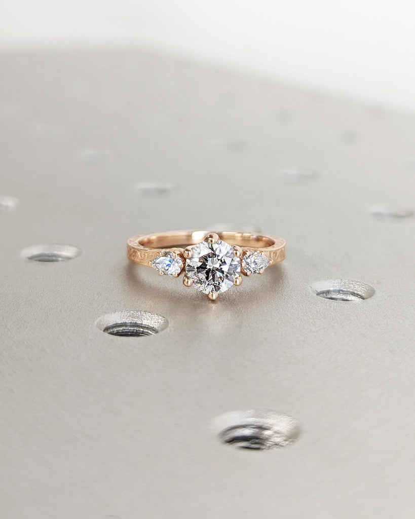 14k Rose Gold 1ct Diamond Vintage Engagement Ring | Round Lab Grown Diamond Unique Proposal Ring | Art Deco Pear cut Moissanite Promise Ring