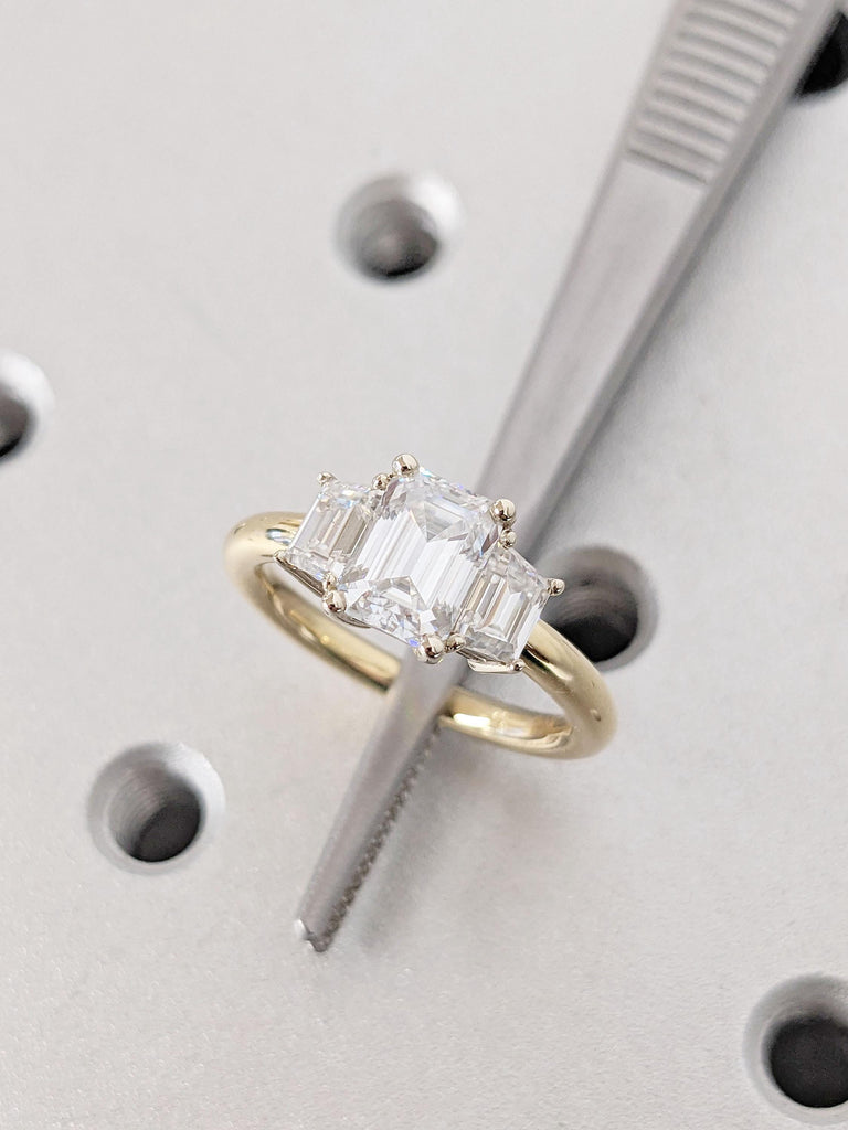 Three Stone Emerald Cut Moissanite Engagement Ring | Yellow Gold Moissanite Wedding Ring | Side Trapezoid Cut Diamond Anniversary Ring image #3