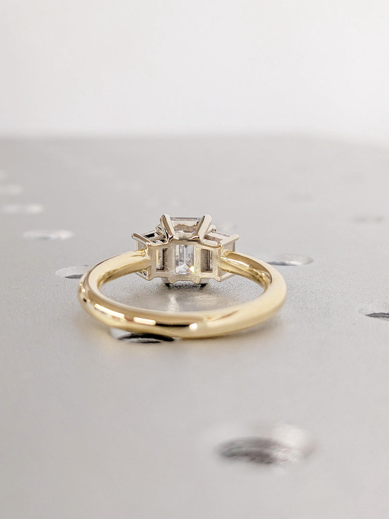 Three Stone Emerald Cut Moissanite Engagement Ring | Yellow Gold Moissanite Wedding Ring | Side Trapezoid Cut Diamond Anniversary Ring