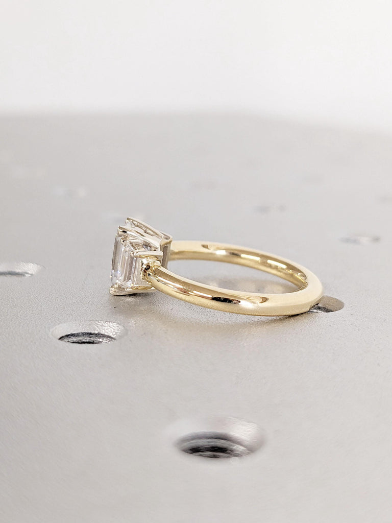 Three Stone Emerald Cut Moissanite Engagement Ring | Yellow Gold Moissanite Wedding Ring | Side Trapezoid Cut Diamond Anniversary Ring