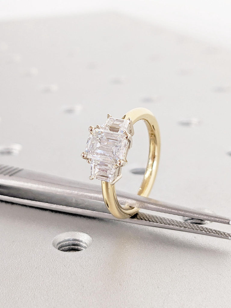 Three Stone Emerald Cut Moissanite Engagement Ring | Yellow Gold Moissanite Wedding Ring | Side Trapezoid Cut Diamond Anniversary Ring image #6