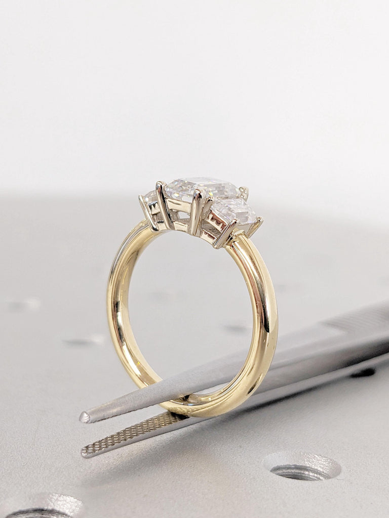 18k Yellow Gold Moissanite and CVD Diamond Engagement Ring | 1,2,3,4ct VVS Moissanite Promise Ring | Past Present Future Ring | Gift for Her