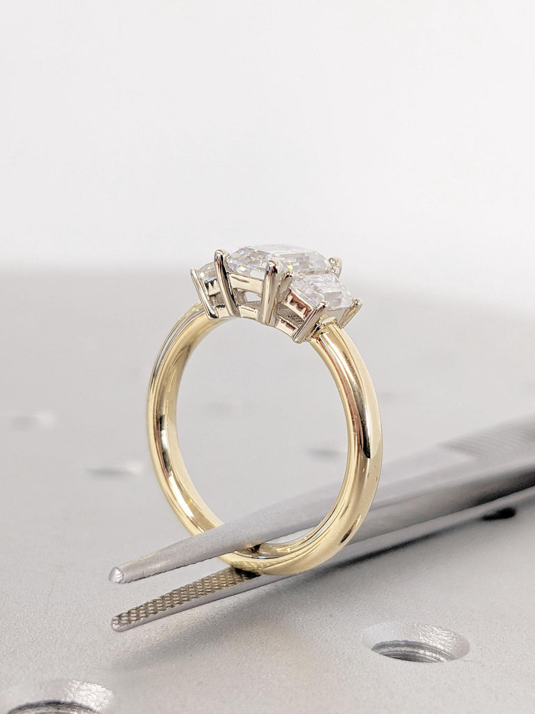 Three Stone Emerald Cut Moissanite Engagement Ring | Yellow Gold Moissanite Wedding Ring | Side Trapezoid Cut Diamond Anniversary Ring