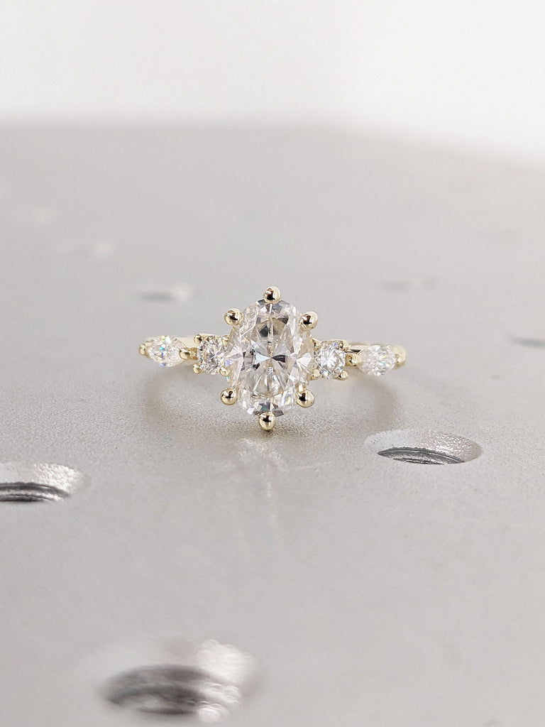 Unique Twist Band Engagement Ring, Oval Moissanite Engagement Ring, Oval Promise Ring, Marquise Round Diamonds/Moissanites, 14K Yellow Gold