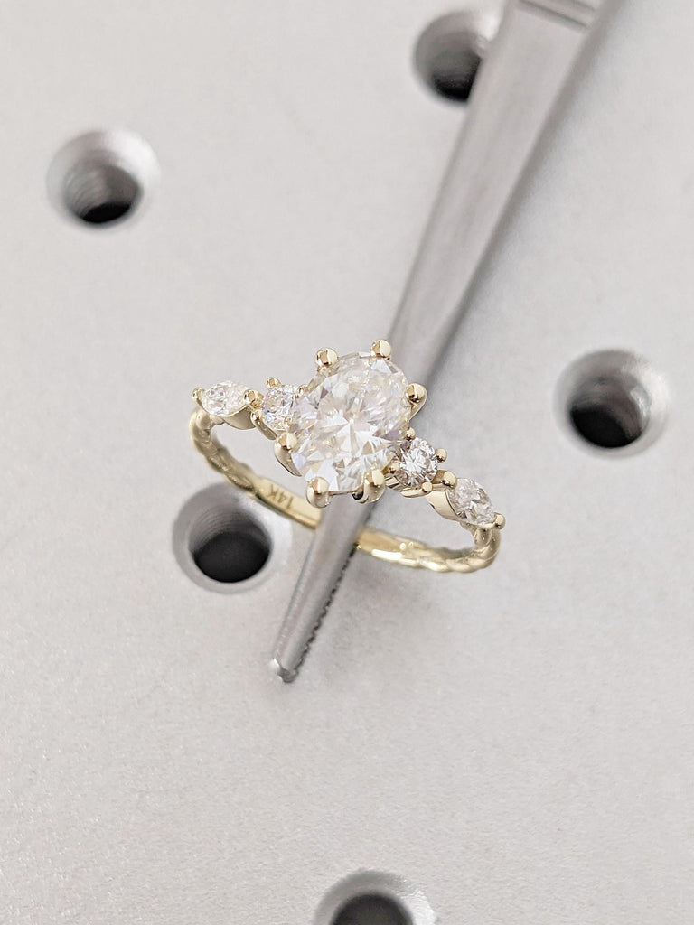 Oval Moissanite Engagement Ring |  14K Yellow Gold Engagement Ring |  Vintage Proposal Ring | Marquise Diamond Twisted Ring | Anniversary Promise Ring