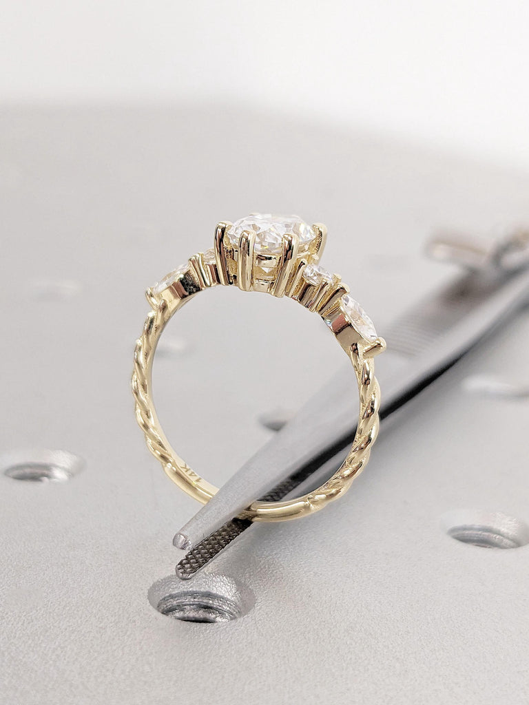 Unique Twist Band Engagement Ring, Oval Moissanite Engagement Ring, Oval Promise Ring, Marquise Round Diamonds/Moissanites, 14K Yellow Gold