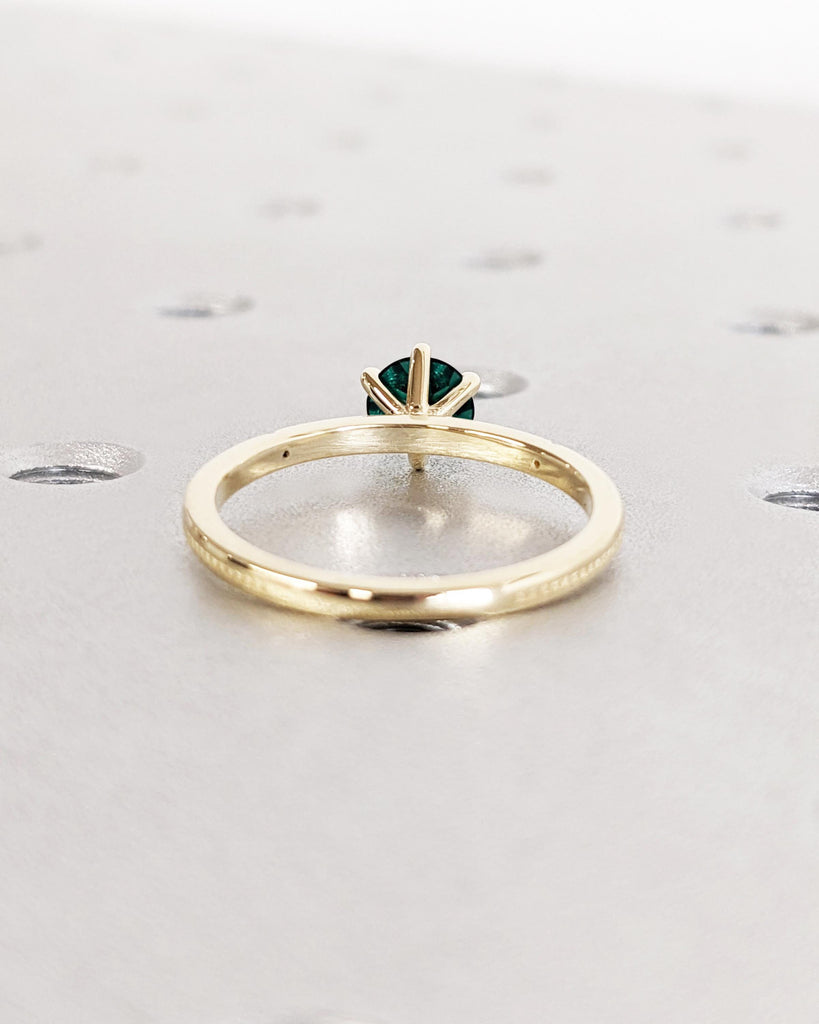 Minimalist Round Cut Lab Emerald Engagement Ring, Dainty Green Emerald Ring, Beaded Ring, 14K Yellow Gold Ring, Solitaire Ring, Promise Ring