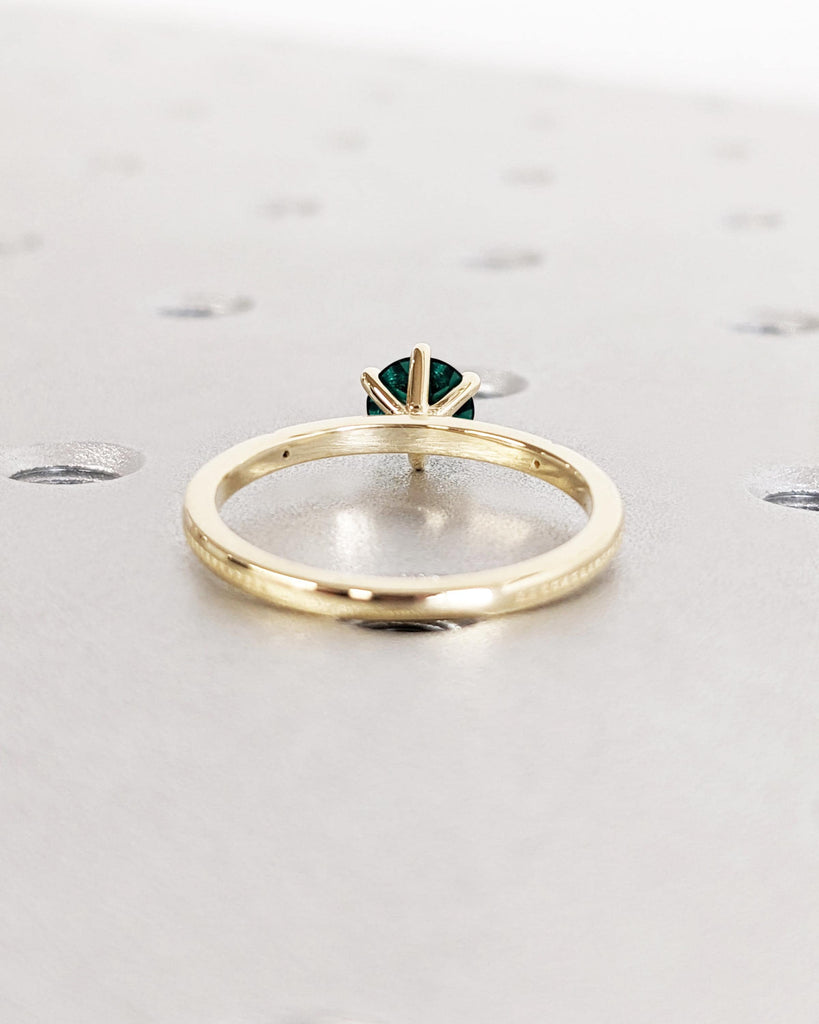 Round Cut Lab Grown Emerald Ring, Beaded Band Dainty Engagement Ring, Emerald Ring, 14K Yellow Gold Solitaire Ring, Promise Ring, Minimalist