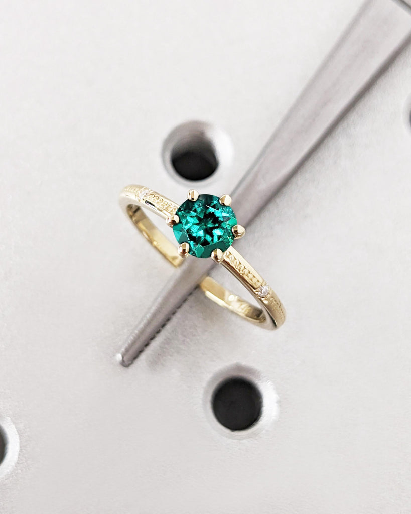 Minimalist Round Cut Lab Emerald Engagement Ring, Dainty Green Emerald Ring, Beaded Ring, 14K Yellow Gold Ring, Solitaire Ring, Promise Ring