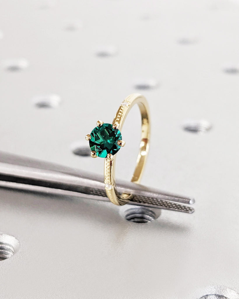 Minimalist Round Cut Lab Emerald Engagement Ring, Dainty Green Emerald Ring, Beaded Ring, 14K Yellow Gold Ring, Solitaire Ring, Promise Ring