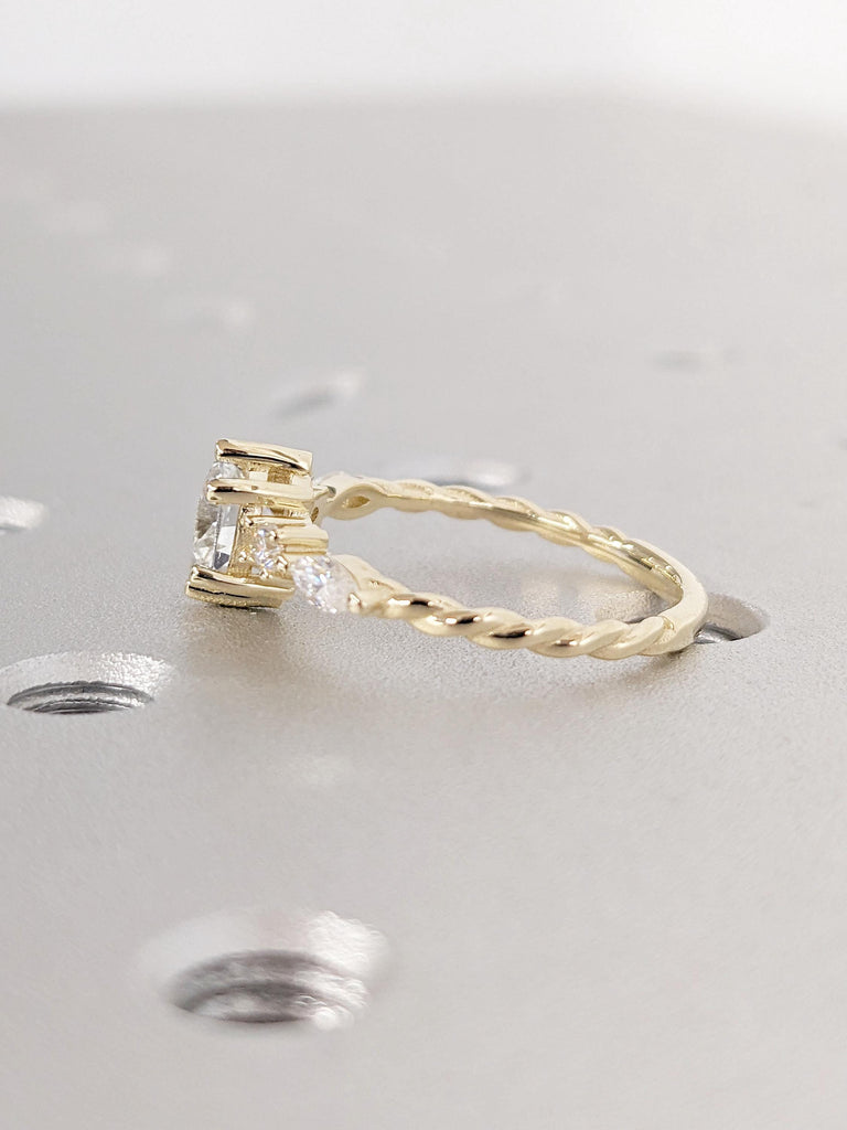 Round Lab Grown Diamond Vintage Engagement Ring | 14k Yellow Gold Twisted Rope Wedding Band for Her | Twisted Vine Ring | Petite Twist Ring